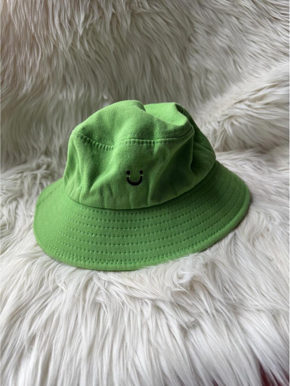 Green Bucket Hat with Smiley Face Embroidery